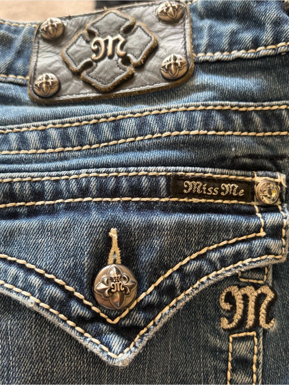 Miss Me Blue Embroidered Pocket Denim Jeans with Silver Accents